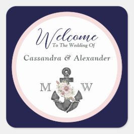 Nautisk Bröllop Blommigt Anchor Navy Blue and Rosa Fyrkantigt Klistermärke