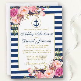 Nautisk Bröllop Blue Rand Rosa Blommigt Inbjudan