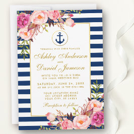 Nautisk Bröllop Blue Rand Rosa Blommigt Inbjudan G