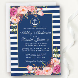 Nautisk Bröllop Blue Rand Rosa Blommigt Inbjudan W