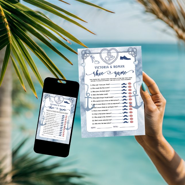 Nautisk bröllopsdusch Bröllopskort för sko spel Inbjudningar (wedding games couples shower bride and groom elegant instant digital download monogram names shoes )