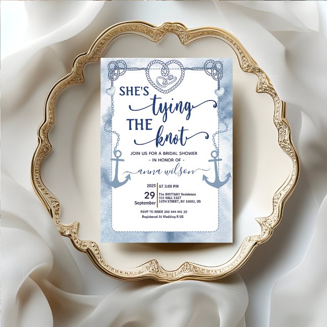 Nautisk Bröllopsfest för "She's Tying the Knot" Inbjudningar (Nautical She's Tying the Knot Bridal Shower Invitation template beach theme heart rope marine theme)
