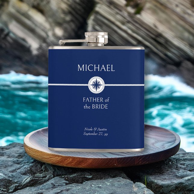 Nautisk bröllopspresent blå och vit hip flask fickplunta (Nautical wedding father of the bride gift - personalize for any member of your wedding party)