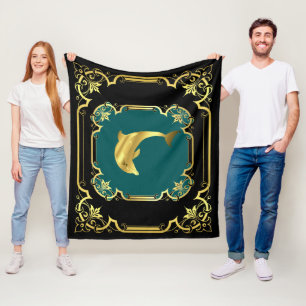 Nautisk delfin gylad svart/guld/akva fleecefilt