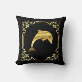 Nautisk delfinhoppande silhuett/guld/svart kudde