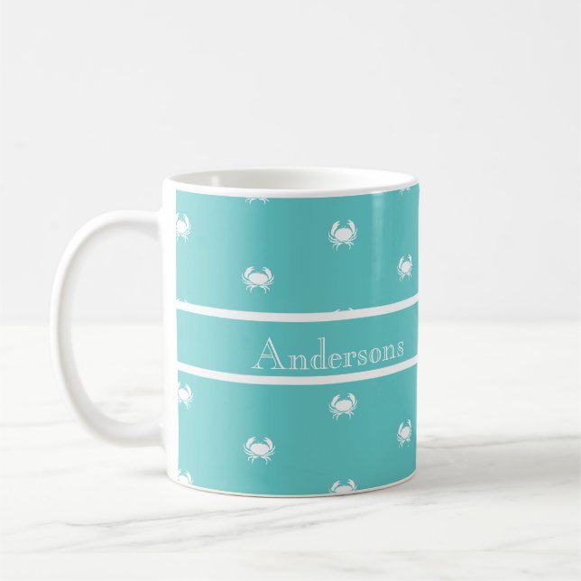 Nautisk design med vit krabba på tealblå kaffemugg (Vänster)