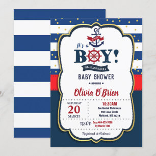 Nautisk Det är en Boy Red and Navy Blue Baby Showe Inbjudningar