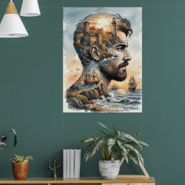 Nautisk dubbelexponering Akvarell Man Siluett Poster