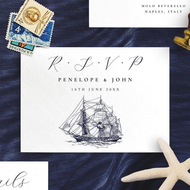 Nautisk fartygsillustration Destination Bröllop OSA Kort (Nautical Ship Illustration Destination Wedding RSVP Card)