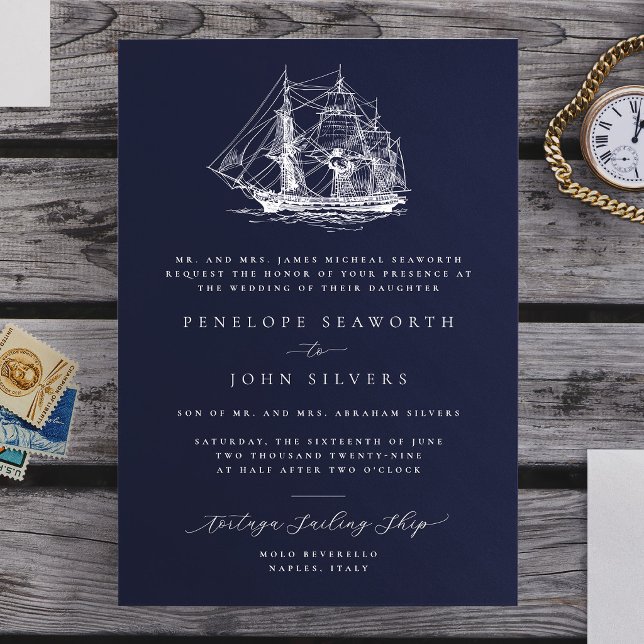 Nautisk fartygsillustration Navy Formell Bröllopsf Inbjudningar (Nautical Ship Illustration Navy Formal Wedding Invitation, Bride's Parents Hosting)