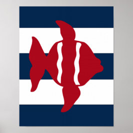 Nautisk fisk, röd, marin och vit poster