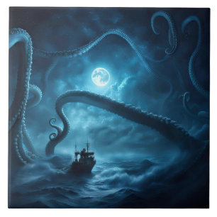 Nautisk fiskebåt Giant Octopus Art Kakelplatta