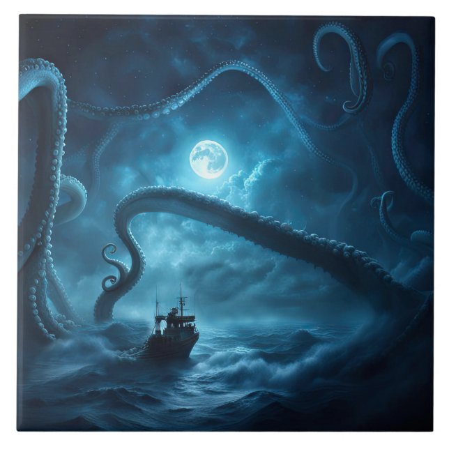 Nautisk fiskebåt Giant Octopus Art Kakelplatta (Framsidan)