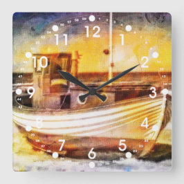 Nautisk fiskebåt på strand på solnedgånghavkonst fyrkantig klocka