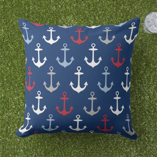 Nautisk flotta Anchor Mönster Red White och Blue Kudde (Gräs)