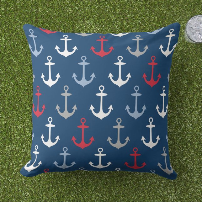Nautisk flotta Anchor Mönster Red White och Blue Kudde (Gräs)