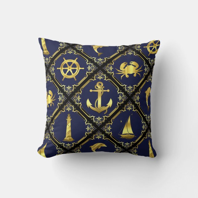 Nautisk flotta/guld/delfin/segelbåt/ankare/krabba kudde (Framsida)
