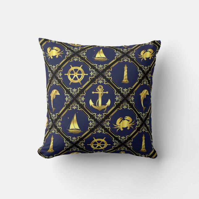 Nautisk flotta/guld/delfin/segelbåt/ankare/krabba kudde (Framsida)
