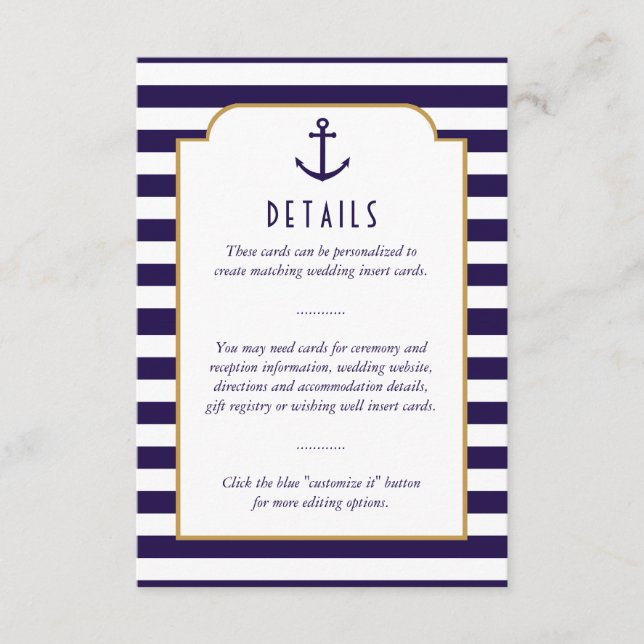 Nautisk flotta och vit Rand Anchor Bröllop-detalj Tilläggskort (Framsida)