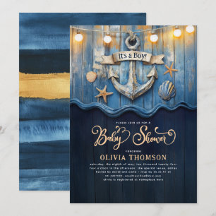 Nautisk flottblått och Guld Anchor Baby Shower Inbjudningar