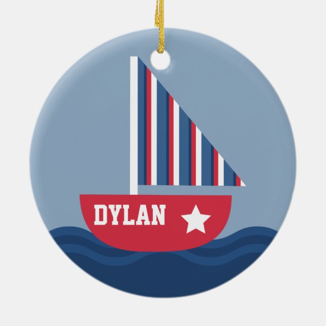 Nautisk för barn för gullig segelbåt julgransprydnad keramik (Baksidan)