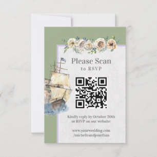 Nautisk Frakt Blommigt Bröllop Sage Lavender QR-ko OSA Kort