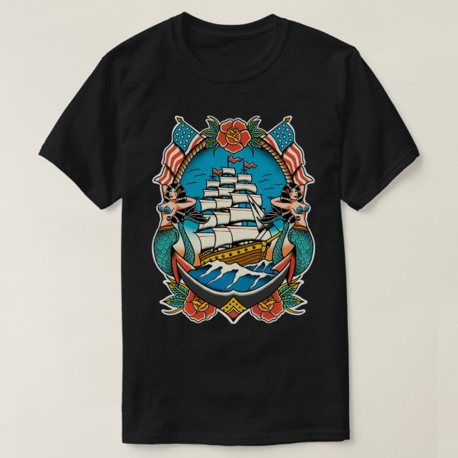 Nautisk Frakt Sjöjungfru Anchor American Tradition T Shirt (Design framsida)