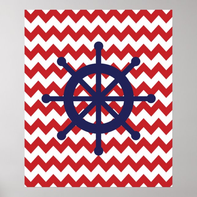 Nautisk Frakt Wheel för marin och röd Chevron Poster (Framsidan)