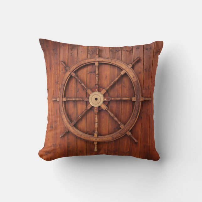 Nautisk Fraktas Helm Wheel på Wood Dekorativ kudde (Framsida)