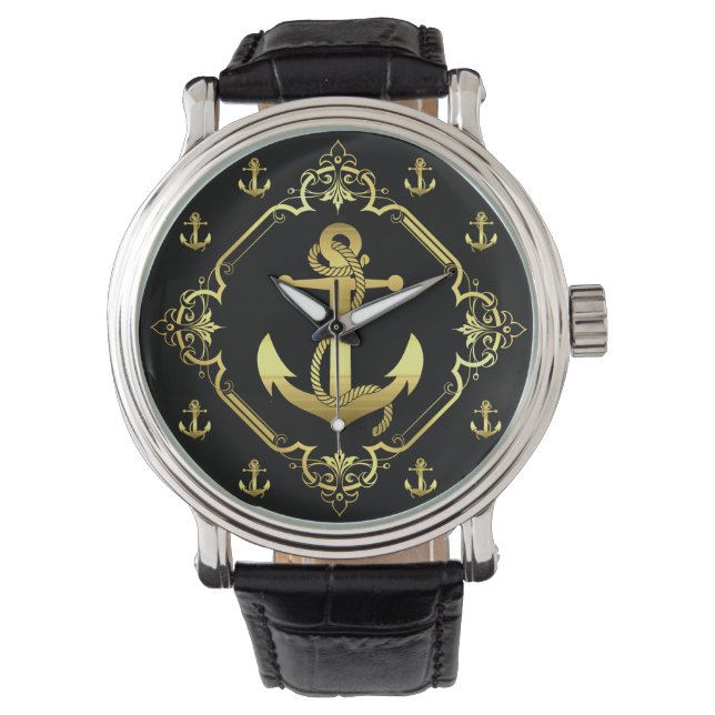 Nautisk frakts ankare/hjul /guld/svart armbandsur (Framsida)