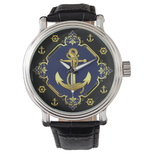 Nautisk frakts ankare/hjul /guld/svart/marin armbandsur