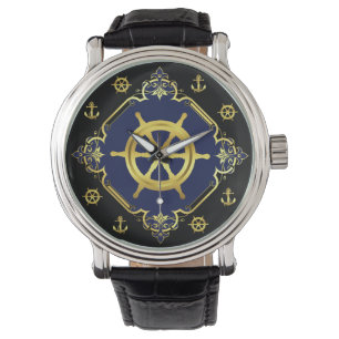 Nautisk frakts hjul/ankare /guld/svart/marin armbandsur