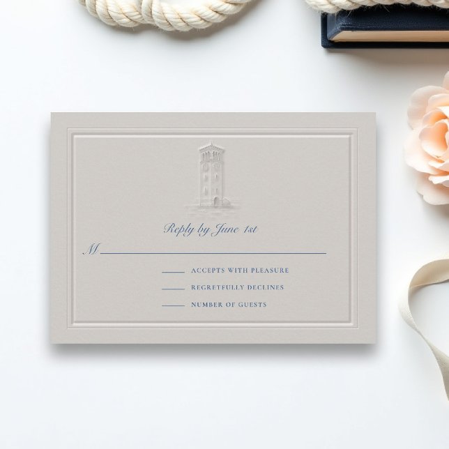 Nautisk fyr kust elegant bröllop RSVP (coastal wedding rsvp lighthouse formal traditional double frame modern classic faux embossed)