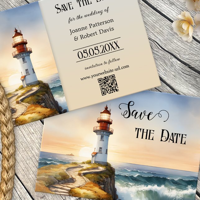 Nautisk fyr Kusten Spara datumkortet Meddelande (Nautical Save the Date card featuring a watercolor painting of a lighthouse at sunset - QR code)