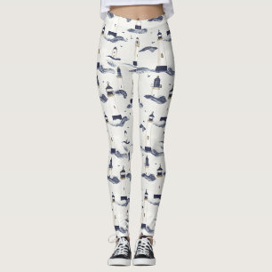 Nautisk fyr kustnära blå mönster leggings