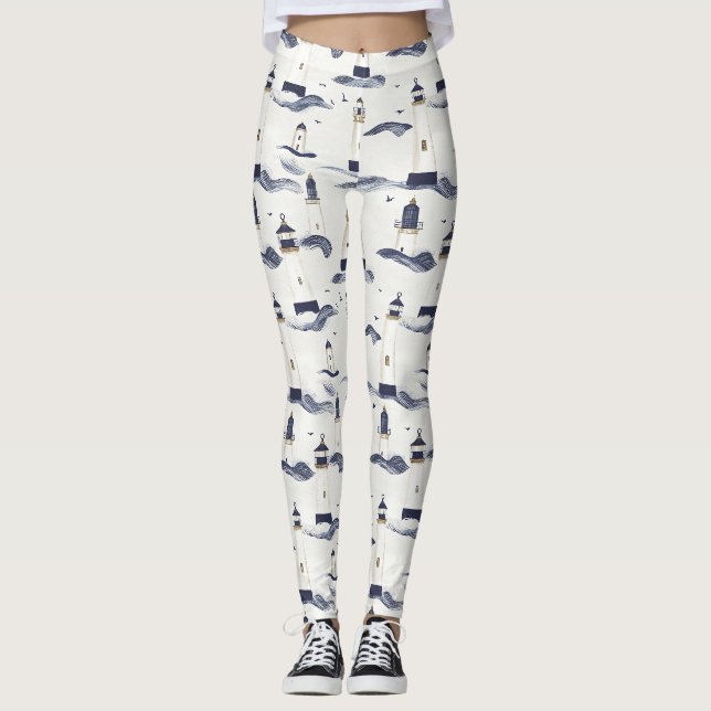 Nautisk fyr kustnära blå mönster leggings (Framsida)