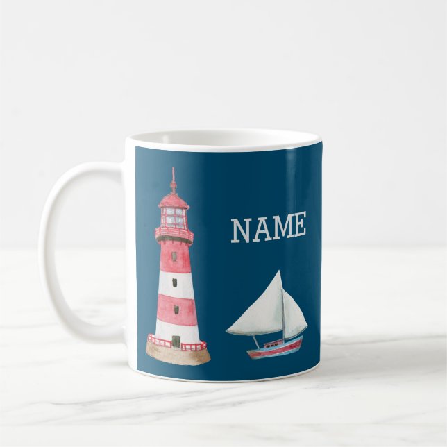 Nautisk fyr Sailboat Namn Rött vitt blått Kaffemugg (Vänster)