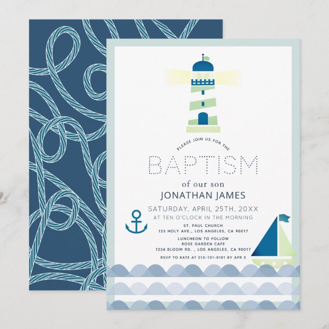 Nautisk fyr Sailboat Navy Blue Baptism Inv Inbjudningar (Fram/baksida)