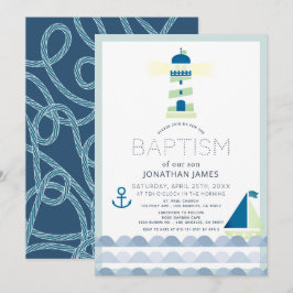 Nautisk fyr Sailboat Navy Blue Baptism Inv Inbjudningar