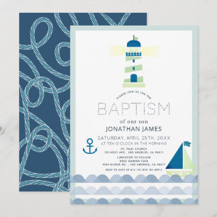 Nautisk fyr Sailboat Navy Blue Baptism Inv Inbjudningar