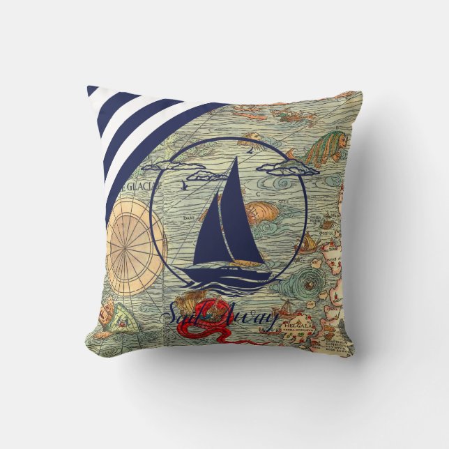 Nautisk gammal karta/båt/silhuette/segel away/navy kudde (Framsida)