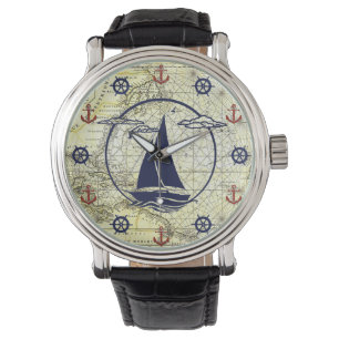 Nautisk gammal karta/segelbåt/ankarplats/hjulsilh armbandsur