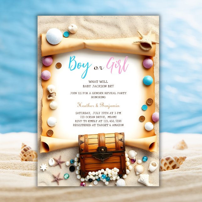 Nautisk Gender i Beach Treasure Chest Party Inbjudningar (Nautical Beach Treasure Chest Gender Reveal Party Invitation)