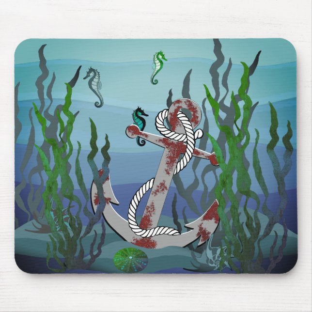 Nautisk grått-ankare/sjögräs/snäckor/seahorse musmatta (Framsidan)
