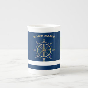 Nautisk, guld båthjul, marinblå ränder benporslin mugg