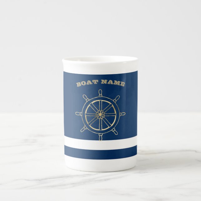 Nautisk, guld båthjul, marinblå ränder   benporslin mugg (Framsidan)