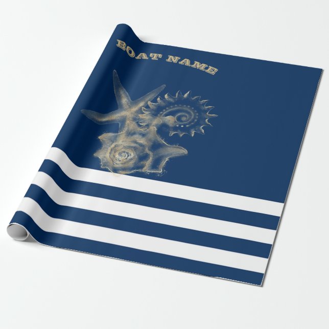 Nautisk, Guld Snigelskal Marinblå Ränder Presentpapper (Utrullad)