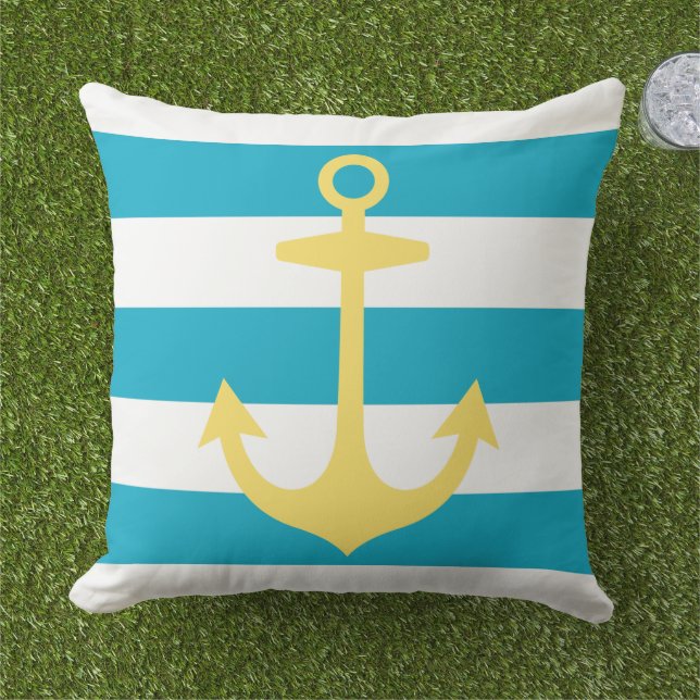 Nautisk Gult Anchor med Västindien Blue Rand Utomhuskudde (Gräs)