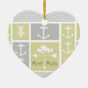 Nautisk Gult och Grått Anchor Fish Weather Vane Julgransprydnad Keramik