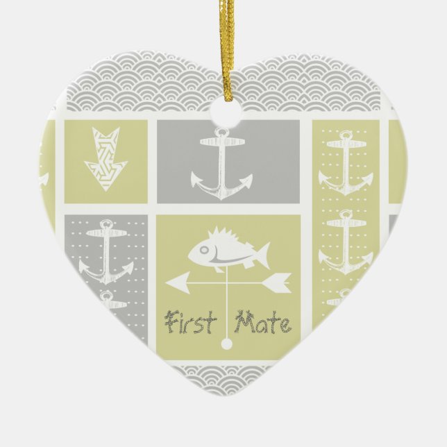 Nautisk Gult och Grått Anchor Fish Weather Vane Julgransprydnad Keramik (Framsidan)